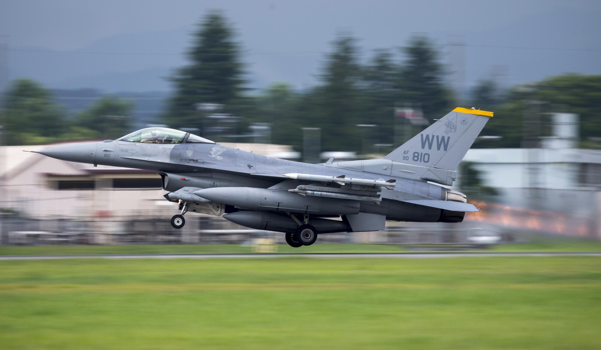 An F-16 Fighting Falcon with the 35th Fighter Wing takes off at Yokota Air Base, Japan, June 24, 2016. The 35 FW from Misawa Air Base, Japan, provides the only suppression of enemy air defense (SEAD) mission operating out of the Indo-Asia Pacific Region. (U.S. Air Force photo by Yasuo Osakabe/Released)