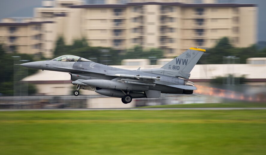 An F-16 Fighting Falcon with the 35th Fighting Wing takes off at Yokota Air Base, Japan, June 24, 2016. An afterburner is a secondary combustion system which burns additional fuel downstream of the combustion chamber, to further increase thrust at the expense of much higher fuel consumption. (U.S. Air Force photo by Yasuo Osakabe/Released)