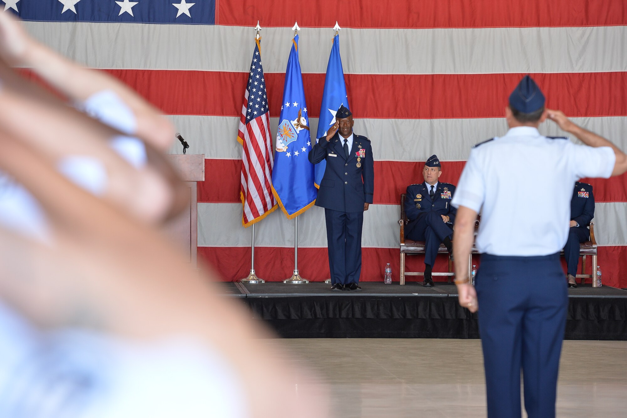 Col. Ronald E. Jolly Sr. receives his final salute as 75th Air Base Wing commander during  change of command ceremony June 28 at Hl Air Force Base. Jolly, who served as 75th ABW commander for two years, will now move to the Pentagon in Washington, D.C., to become deputy director of resource integration for Headquarters Air Force Logistics, Installations and Mission Support. (U.S. Air Force photo by R. Nial Bradshaw)