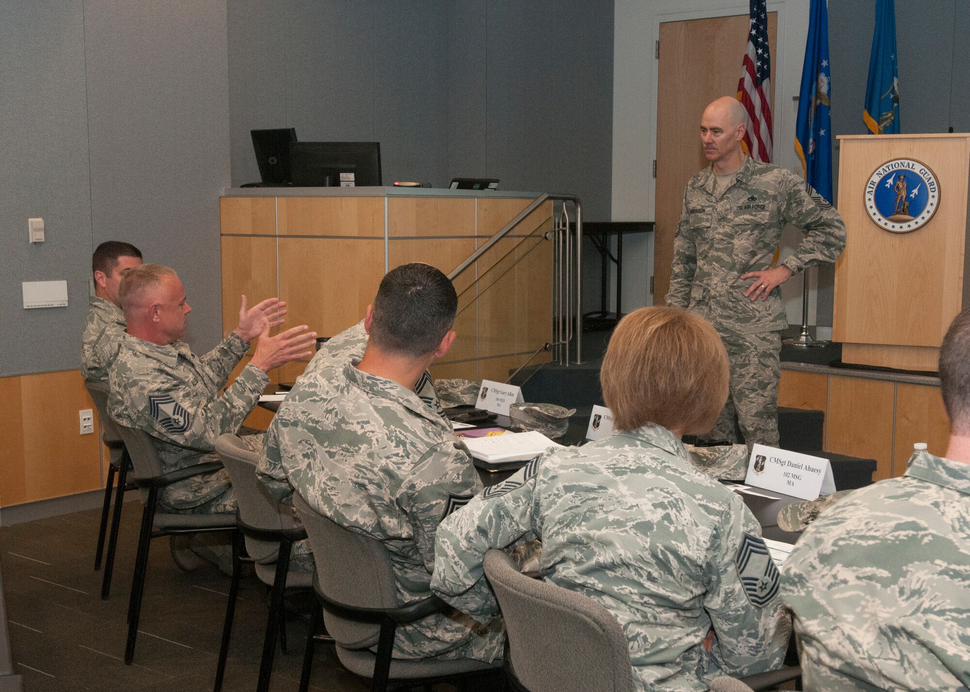 Chief Ronald C. Anderson, the 12th Air National Guard Command Chief listens to question from newly promoted ANG chief during Chiefs Executive Course at the ANG Readiness Center, Joint Base Andrews June 21, 2016. CEC is a weeklong course designed to provide new chief master sergeants with a broad view of ANG and Air Force operations and provide them with tools to operate effectively at the tactical and operational levels. (U.S. Air National Guard Photo by Master Sgt. David J. Fenner /RELEASED)