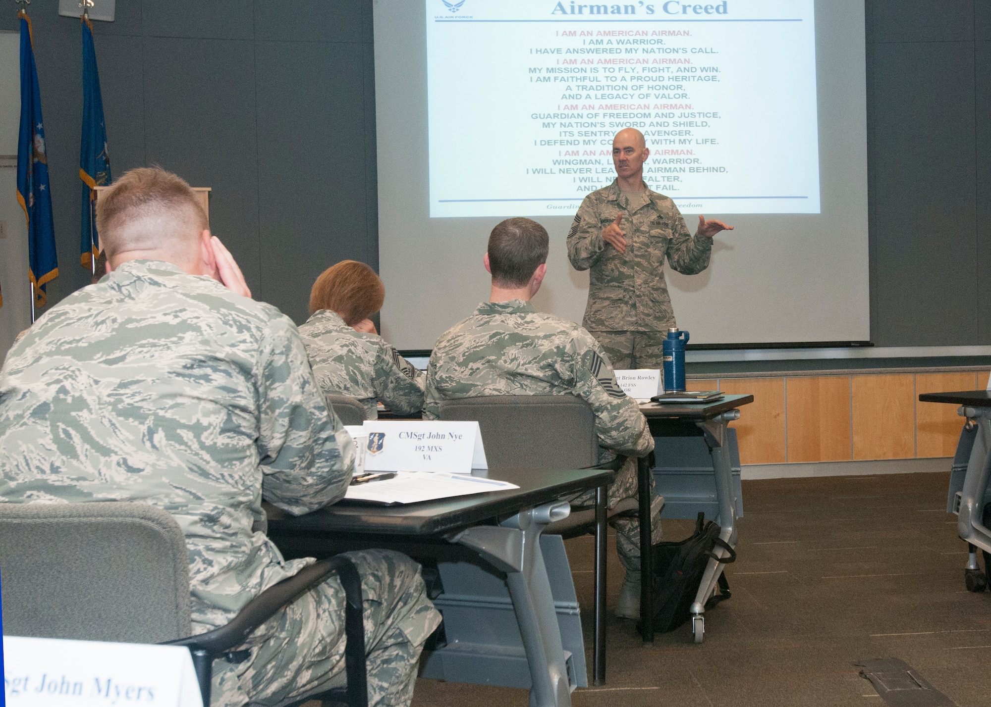 Chief Ronald C. Anderson, the 12th Air National Guard Command Chief talks with his first class of new ANG chiefs during Chiefs Executive Course at the ANG Readiness Center, Joint Base Andrews June 21, 2016. CEC is a weeklong course designed to provide new chief master sergeants with a broad view of ANG and Air Force operations and provide them with tools to operate effectively at the tactical and operational levels. (U.S. Air National Guard Photo by Master Sgt. David J. Fenner /RELEASED)