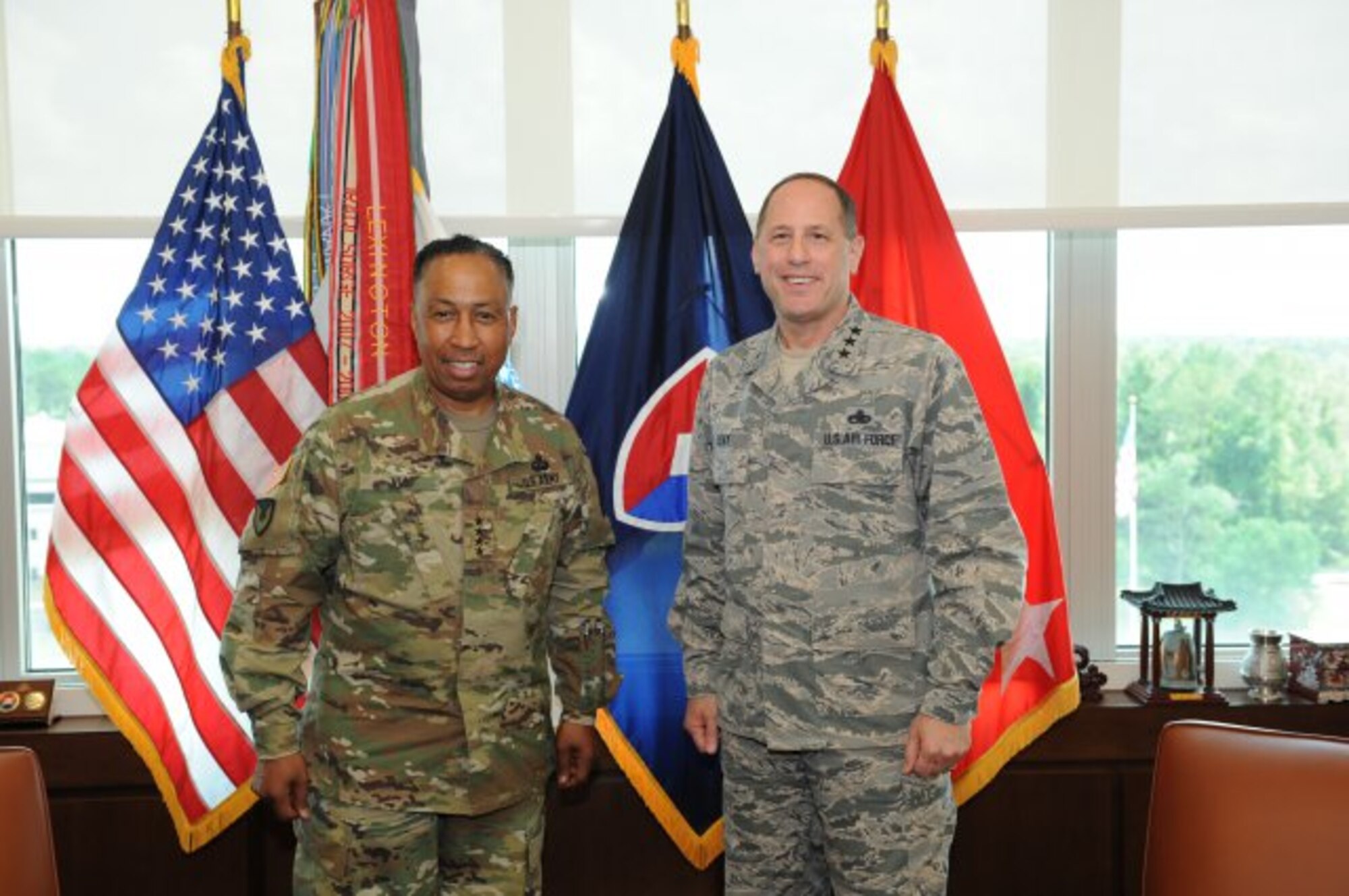 U.S. Army Materiel Command's Commander Gen. Dennis L. Via hosted Air Force Lt. Gen. Lee Levy II, commanding general of the Air Force Materiel Command's Air Force Sustainment Center, for an overview on AMC's global mission and role in supporting readiness, June 22. (Photo Credit: Doug Brewster, AMC photographer/Released)