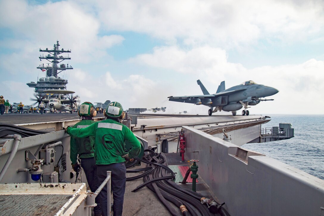 An F/A-18E Super Hornet assigned to the Sidewinders of Strike Fighter Squadron 86 launches from the flight deck of the aircraft carrier USS Dwight D. Eisenhower in the Mediterranean Sea, June 28, 2016. Navy photo by Petty Officer 3rd Class Anderson W. Branch