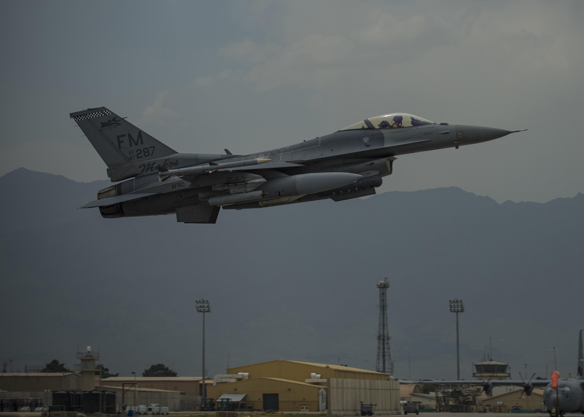 Lt. Col. David Efferson, 457th Expeditionary Fighter Squadron commander, takes off in an F-16C Fighting Falcon, June 28, 2016, Bagram Airfield, Afghanistan. The 457th EFS is the Air Force Reserve Command unit out of Naval Air Station Fort Worth Joint Reserve Base, Texas who continuously supports Operation Freedom's Sentinel and the NATO Resolute Support mission. (U.S. Air Force photo by Senior Airman Justyn M. Freeman)