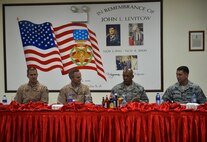 From left, Col. Johnny Barnes, 380th Air Expeditionary Wing vice commander,  Brig. Gen. Charles Corcoran, 380th AEW commander, Lt. Gen. Charles Brown, U.S. Air Forces Central Command commander, and Chief Master Sgt. Joseph Montgomery, AFCENT command chief, speak with members of the 380th AEW during lunch at an undisclosed location in Southwest Asia June 28, 2016. Brown visited the location to interact with members of the wing and to discuss the 380th AEW’s contributions to the AFCENT mission. (U.S. Air Force photo by Tech. Sgt. Chad Warren)