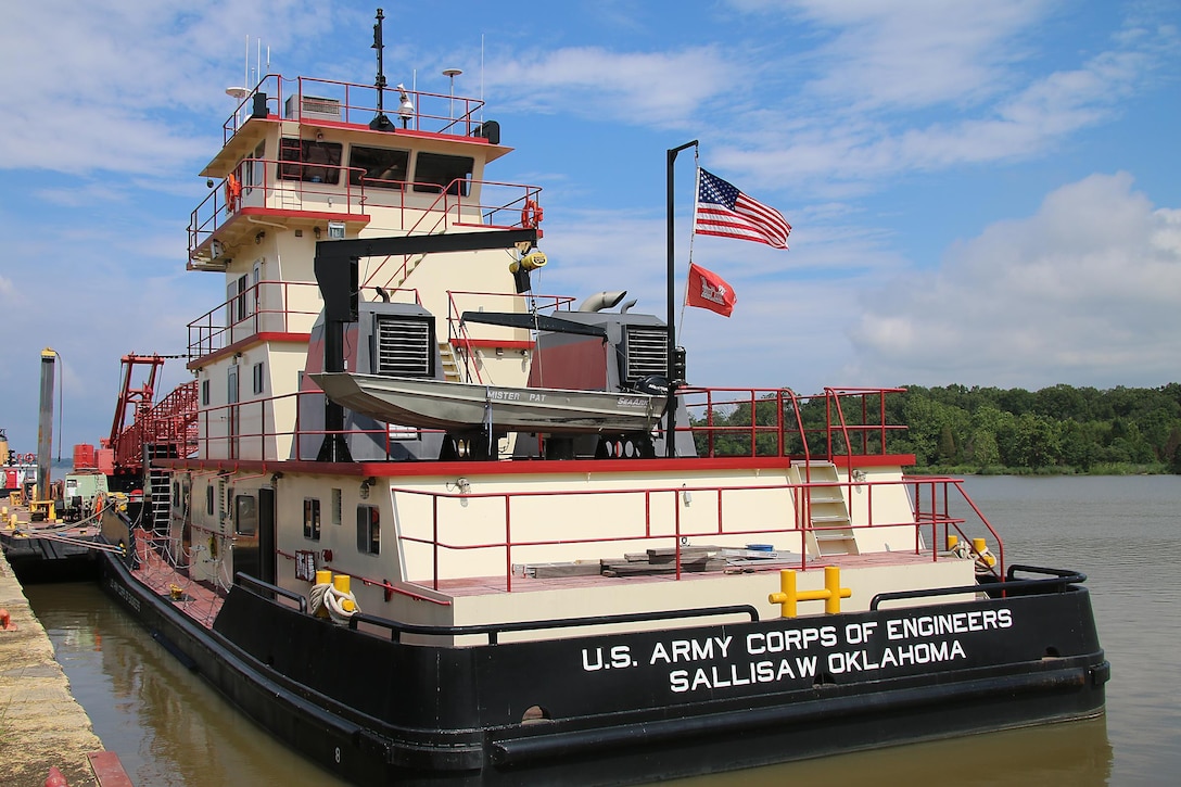 The Tulsa District U.S. Army Corps of Engineers navigation maintenance vessel, Mr. Pat, sits docked at Robert S. Kerr Lake on the McClellan-Kerr Arkansas River Navigation System near Sallisaw, Oklahoma, June 15, 2016. Mr. Pat was christened and put into service at the District on June 28, 1996, and has been instrumental in the facilitation of maintenance along the Tulsa District's portion of the MKARNS. (U.S. Army Corps of Engineers photo by Preston Chasteen/Released)