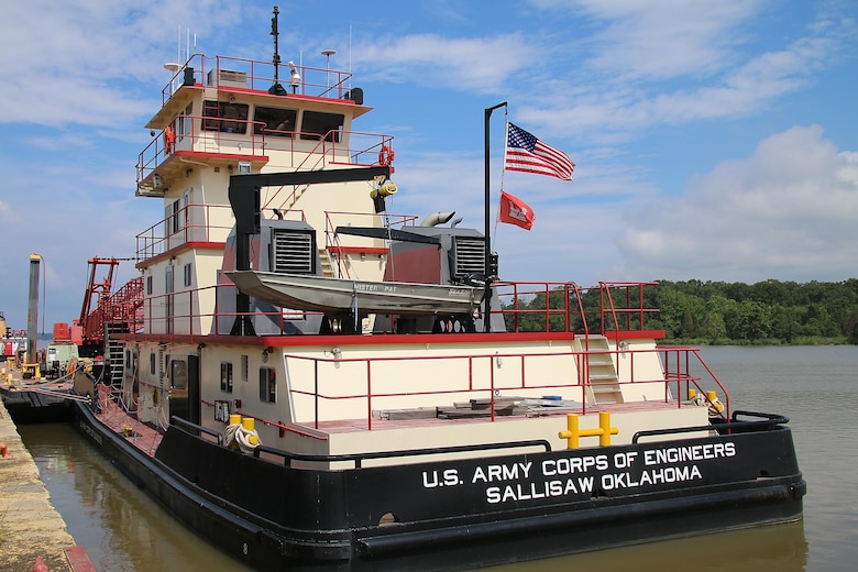 The Tulsa District U.S. Army Corps of Engineers navigation maintenance vessel, Mr. Pat, sits docked at Robert S. Kerr Lake on the McClellan-Kerr Arkansas River Navigation System near Sallisaw, Oklahoma, June 15, 2016. Mr. Pat was christened and put into service at the District on June 28, 1996, and has been instrumental in the facilitation of maintenance along the Tulsa District's portion of the MKARNS. (U.S. Army Corps of Engineers photo by Preston Chasteen/Released)