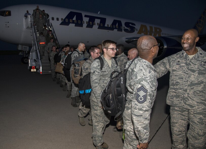 Airmen from Minot Air Force Base, N.D. returned home from a temporary duty assignment June 28, 2016. The TDY was part of a training exercise with foreign European allies. (U.S. Air Force photos / Airman 1st Class Christian Sullivan)