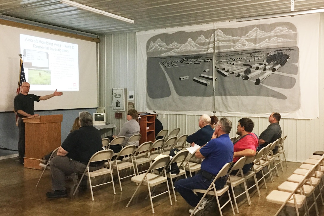 Members of the public gather at a meeting April 26 to comment on the proposed plan for the Former Camp Ellis Military Reservation in Table Grove, Illinois.