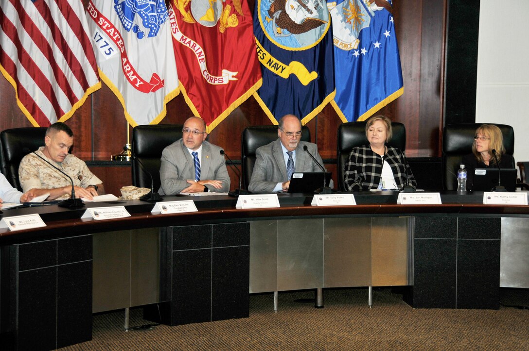 Marine Corps Maj. Gen. Vincent Coglianese, U.S. Marine Corps Installations and Logistics; Mike Scott;Tony Poleo; Jan Mulligan, Deputy Assistant Secretary of Defense for Supply Chain Integration; and Kathy Cutler listen to opening remarks at the 2016 Cost Summit.