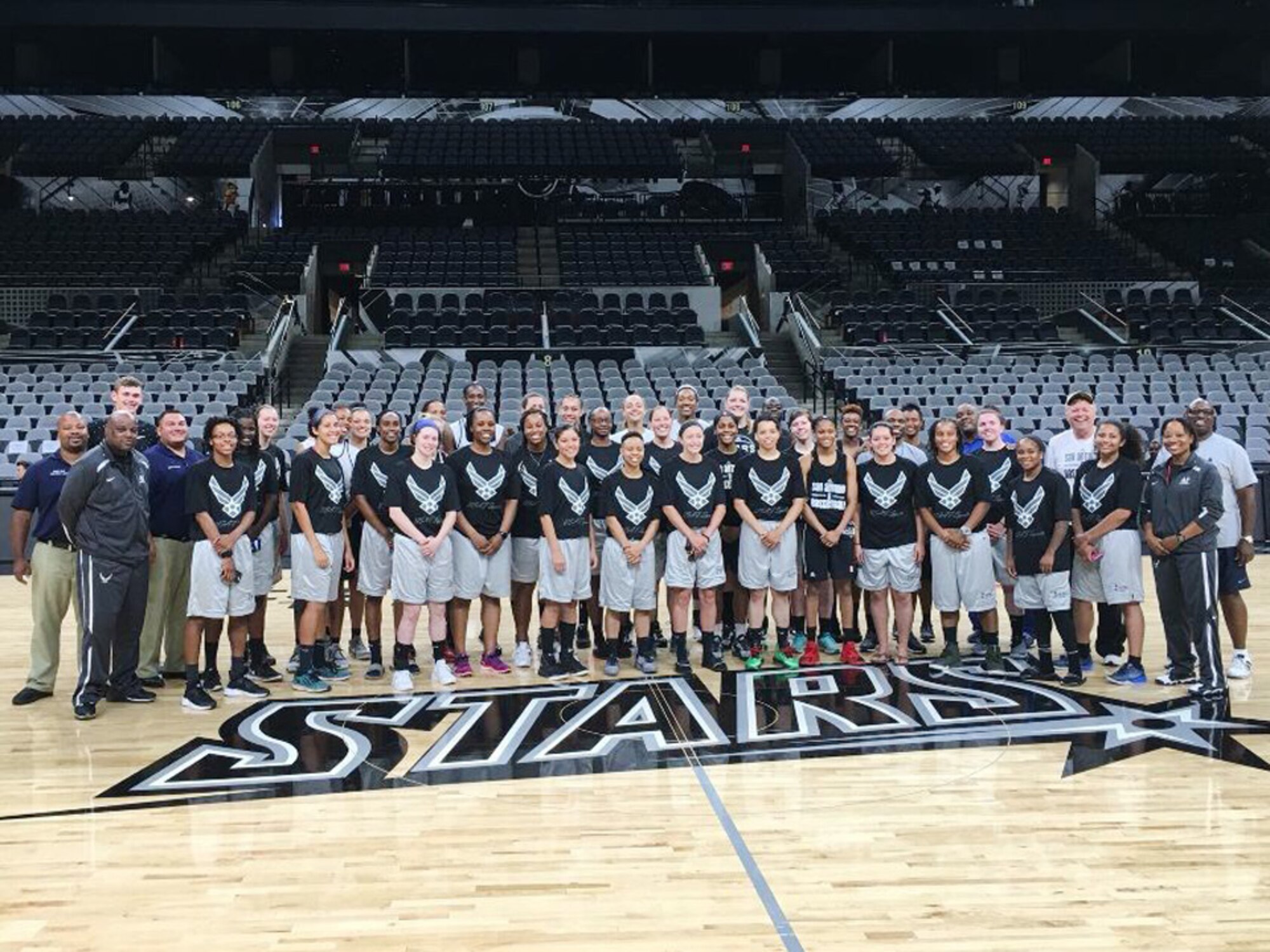 The U.S. Air Force Women’s Basketball Team poses for a picture at the AT&T Center in San Antonio, Texas. Twelve women were selected to play for the team, which will compete in an Armed Forces Tournament over the 4th of July weekend. (Courtesy photo)