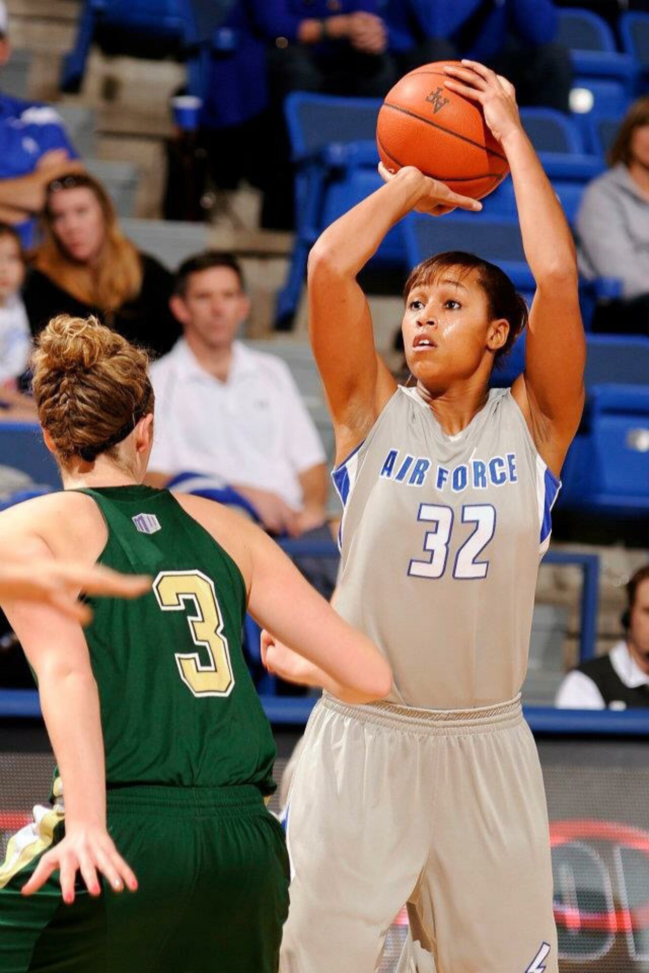 1st Lt. Dymond James, 460th Operations Group staff instructor, pulls up for a shot during her 2012-2013 season. James was a standout playing basketball for the U.S. Air Force Academy women’s team and recently made the U.S. Air Force Women’s Basketball Team. (Courtesy photo)