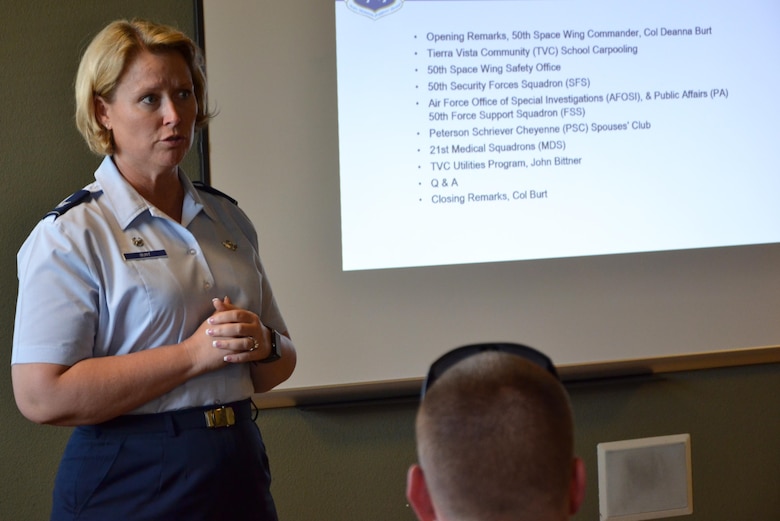 Col. DeAnna Burt, 50th Space Wing commander, gives opening remarks during a town hall meeting with housing residents in the Tierra Vista Community center at Schriever Air Force Base, Colorado, Monday, June 27, 2016. The meeting addressed concerns about the recent change to the utility allowance policy. (U.S. Air Force photo/Brian Hagberg)