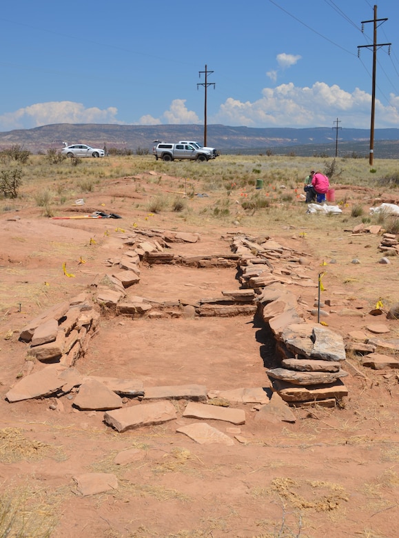 ABIQUIU LAKE, N.M. – Some of the rooms of the structure that were uncovered during the excavation. The structure’s rooms were made of adobe and masonry, although it appears that the use of masonry was discarded in favor of adobe due to the difficulty of obtaining the needed sandstone slabs. 