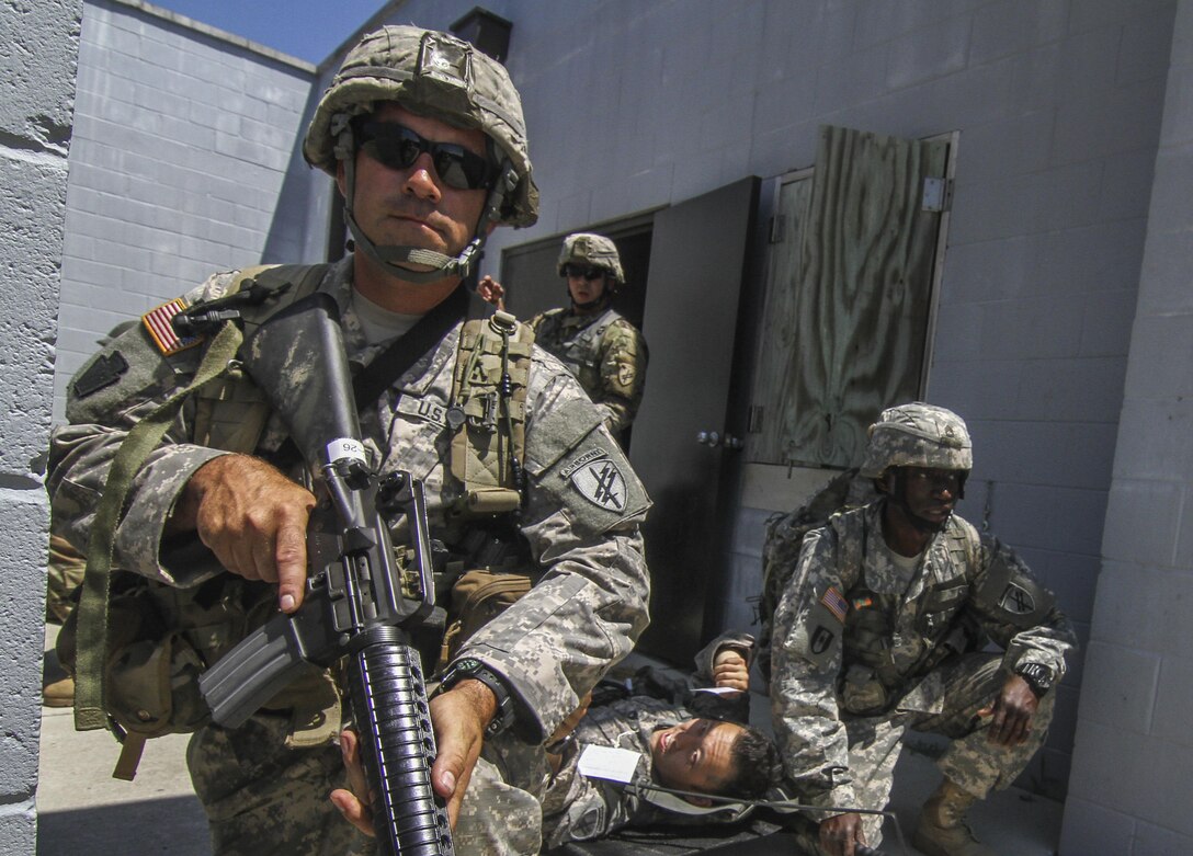 U.S. Army Reserve Soldiers from the 404th Civil Affairs Battalion provide security for a simulated casualty while waiting for a MEDEVAC helicopter during Exercise Gridiron at Joint Base McGuire-Dix-Lakehurst, N.J., June 27, 2016. (U.S. Air National Guard photo by Tech. Sgt. Matt Hecht/Released)