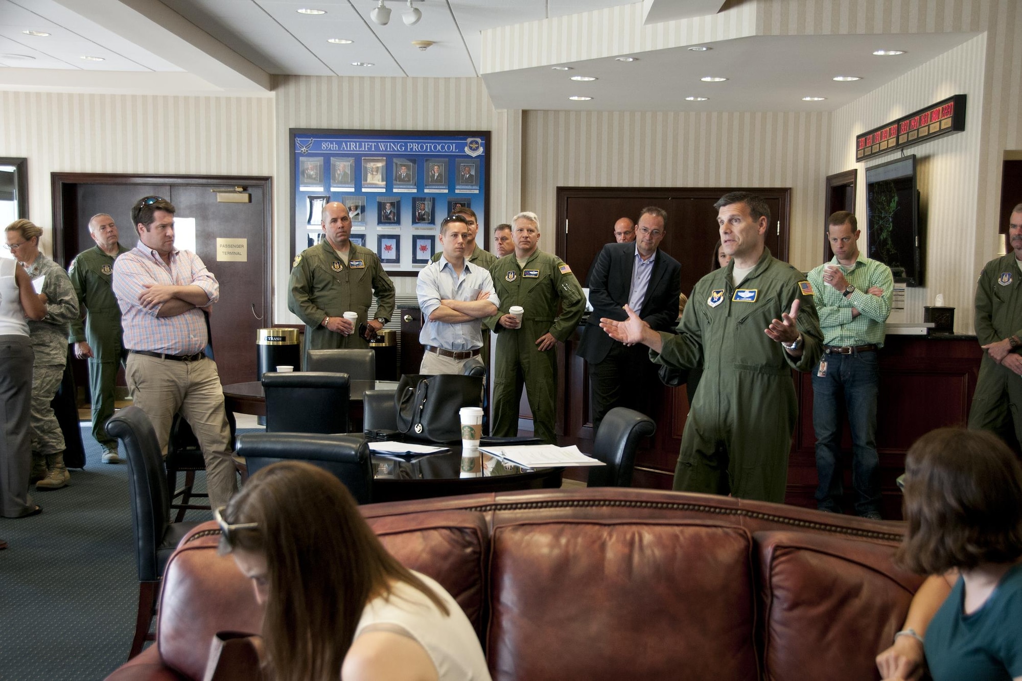Brigadier Gen. Albert V. Lupenski, Headquarters U.S. Air Force Reserve Plans, Programs and Requirements director, provides an Air Force Reserve Command C-130 mission briefing to a group of congressional staffers at the passenger terminal distinguished visitor’s lounge, Joint Base Andrews, Md., June 28, 2016. In honor of the 100th anniversary of U.S. air reserve power, staffers were invited to an event showcasing special missions conducted by C-130s in AFRC, to include weather surveillance, firefighting and aerial spraying. (U.S. Air Force photo/Staff Sgt. Kat Justen)
