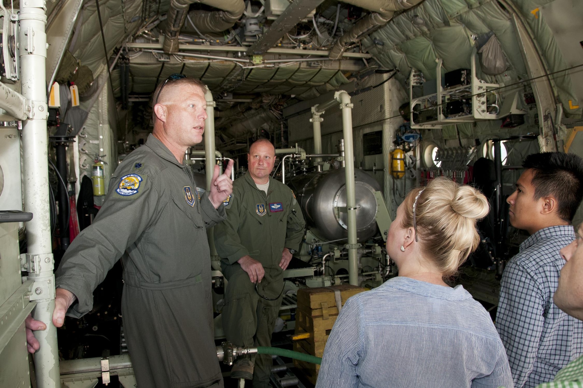 Lieutenant Col. Karl Haagsma, 757th Airlift Squadron medical entomologist, discusses his unit’s mission with congressional staff members on the Joint Base Andrews, Md., flight line June 28, 2016. In honor of the 100th anniversary of air reserve power, members of the 53d WRS visited Andrews to participate in a C-130 Hercules special-missions demonstration. The 757th AS has the specialized mission of aerial spray capability to control disease-carrying insects, pest insects, undesirable vegetation and to disperse oil spills in large bodies of water. (U.S. Air Force photo/Staff Sgt. Kat Justen) 