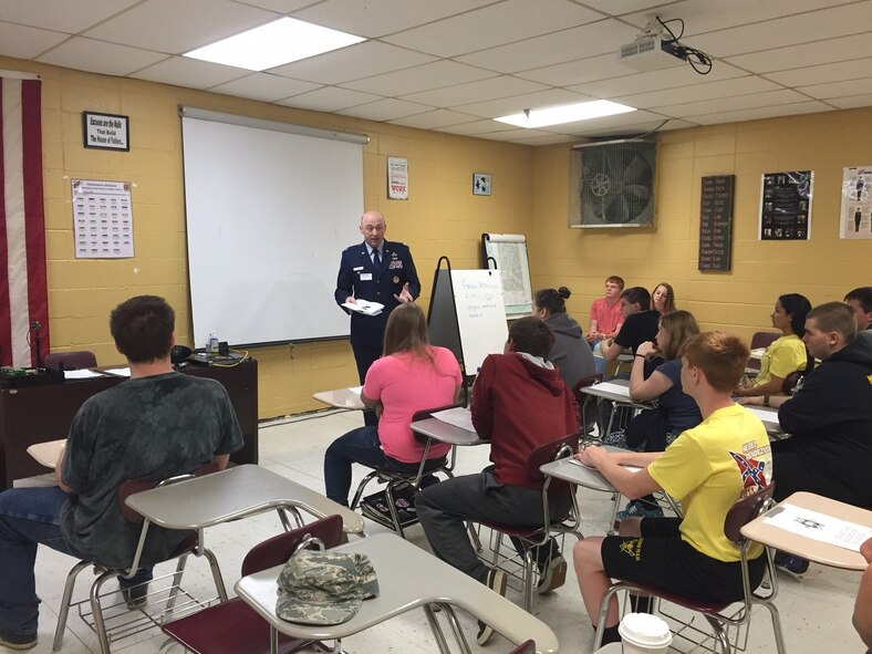 Col. Danny Davis speaks to students at his alma mater, McCreary Central High School. Davis visited seven high schools in southern and eastern Kentucky May 2-6. (U.S. Air Force photo/Senior Master Sgt. John Roy)