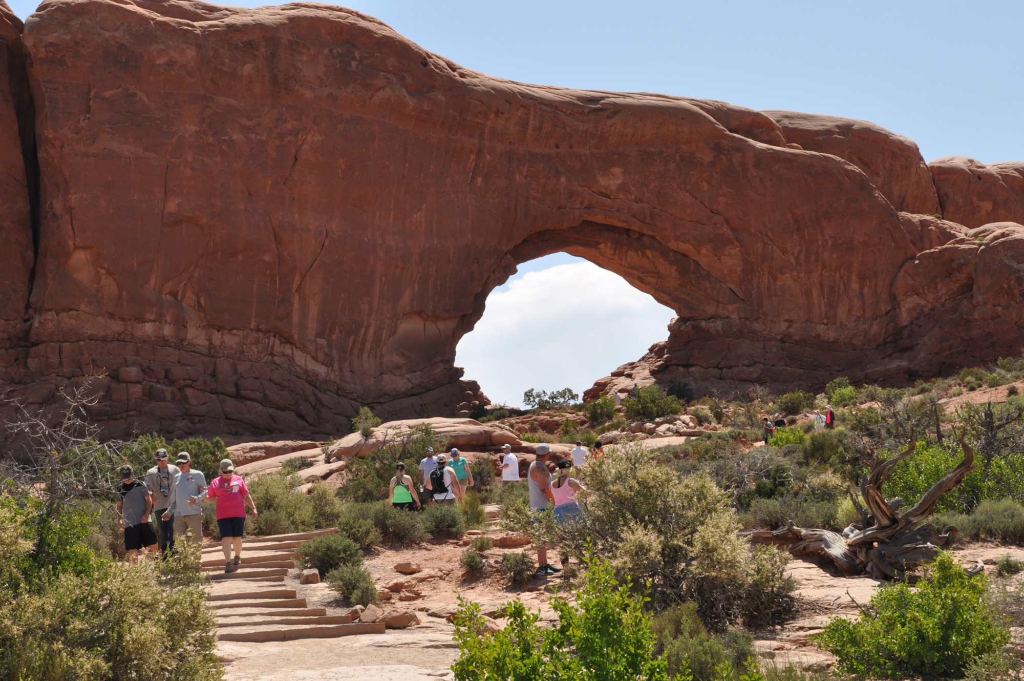 MOAB, Colo. – Peterson Airmen and their families hike through Arches National Park, Colo., May 30, 2016. Peterson Outdoor Recreation coordinated Moab Adventure Weekend and many others like it for Airmen to enjoy throughout the summer. (Courtesy photo)
