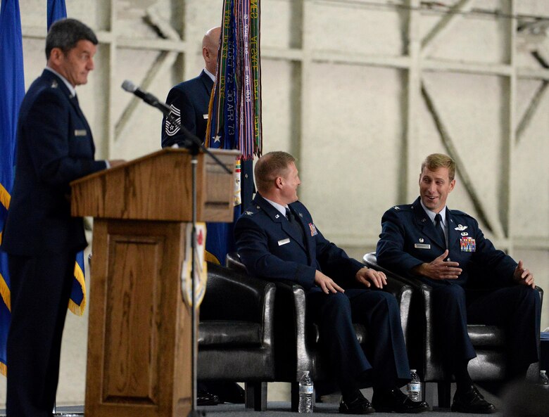 U.S. Air Force Lt. Gen. Russell Handy, the Eleventh Air Force commander, gives as speech during the 354th Fighter Wing change of command ceremony, June 29, 2016, at Eielson Air Force Base, Alaska. Col. Michael Winkler, the outgoing wing commander, relinquished command to Col. David Mineau, the new wing commander. (U.S. Air Force photo by Master Sgt. Karen J. Tomasik/Released)
