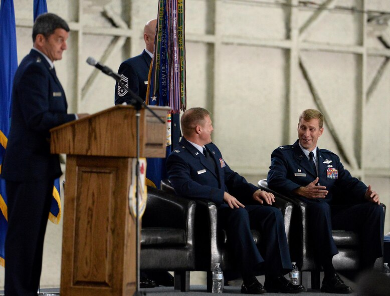 U.S. Air Force Lt. Gen. Russell Handy, the Eleventh Air Force commander, gives as speech during the 354th Fighter Wing change of command ceremony, June 29, 2016, at Eielson Air Force Base, Alaska. Col. Michael Winkler, the outgoing wing commander, relinquished command to Col. David Mineau, the new wing commander. (U.S. Air Force photo by Master Sgt. Karen J. Tomasik/Released)
