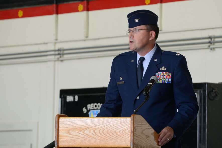 Col. James Mock, 694th Intelligence, Surveillance and Reconnaissance Group commander, speaks during a change of command ceremony at Osan Air Base, Republic of Korea, June 30, 2016. Mock returns to Osan after previously living in Korea as a young student 30 years ago. (U.S. Air Force photo by Senior Airman Dillian Bamman/Released)