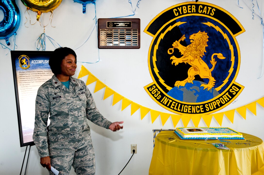 U.S. Air Force Maj. Jontae McGrew, 363rd Intelligence Support Squadron commander, speaks during the unit’s anniversary celebration at Langley Air Force Base, Va., June 24, 2016. The 363rd ISS was activated in 2015 to provide the 363rd Intelligence, Surveillance and Reconnaissance Group reliable cyber support for target development, analysis and dissemination.   (U.S. Air Force photo by Staff Sgt. R. Alex Durbin)