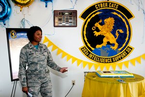U.S. Air Force Maj. Jontae McGrew, 363rd Intelligence Support Squadron commander, speaks during the unit’s anniversary celebration at Langley Air Force Base, Va., June 24, 2016. The 363rd ISS was activated in 2015 to provide the 363rd Intelligence, Surveillance and Reconnaissance Group reliable cyber support for target development, analysis and dissemination.   (U.S. Air Force photo by Staff Sgt. R. Alex Durbin)