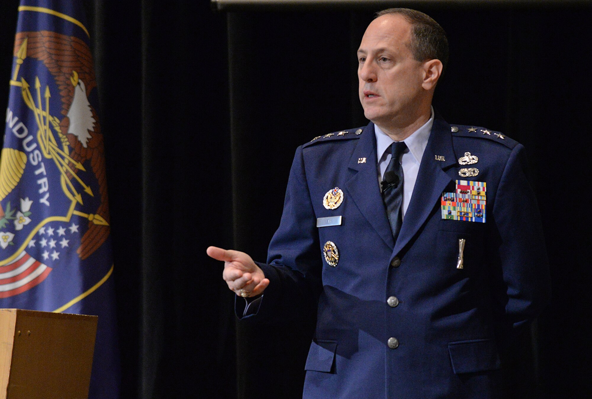 Lt. Gen. Lee K. Levy II, Air Force Sustainment Center commander, addresses a group of nearly 200 military and civilian Airmen as well as Utah state officials and aerospace industry leaders June 15 in Ogden, Utah. Levy spoke on the challenges facing the modern aerospace-sustainment enterprise at the Focus on Defense Symposium. (Air Force photo by Alex R. Lloyd)