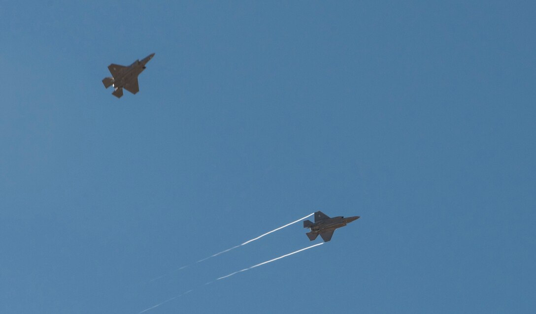An F-35A separates from formation to land at Mountain Home Air Force Base, Idaho, for a training exercise June 6-17. Mountain Home AFB's airspace allows Hill Air Force Base's active duty 388th Fighter Wing and Reserve 419th Fighter Wing to fully test the aircraft in preparation for declaring initial operational capability, or IOC, later this year. (U.S. Air Force photo by Airman Alaysia Berry)