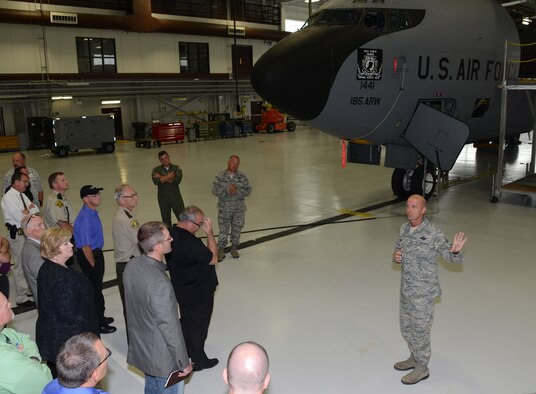 185th Air Refueling Wing, Chief Master Sgt. Phil Frank explains the mission of the 185th ARW to members of area law enforcement agencies while in the main hangar at the Iowa Air National Guard Base in Sioux City, Iowa on June 29, 2016. Members of the group were given the opportunity to see to see a KC-135 up close and ask questions about the unit and the unique mission of the mid-air refueling aircraft while visiting the base during a law enforcement seminar held at the base dining facility.
(U.S. Air National Guard photo by: Master Sgt. Vincent De Groot/released)