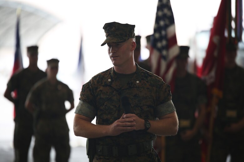 U.S. Marine Corps Lt. Col. Jason B. Berg, incoming commanding officer for Marine Wing Support Squadron (MWSS) 171, addresses the audience during a change of command ceremony at Marine Corps Air Station Iwakuni, Japan, June 30, 2016. Berg assumed command from Lt. Col. James S. Whiteker after previously serving as the logistics officer for the 13th Marine Expeditionary Unit at Marine Corps Base Camp Pendleton, California. (U.S. Marine Corps Photo by Sgt. Jessica Quezada/Released)
