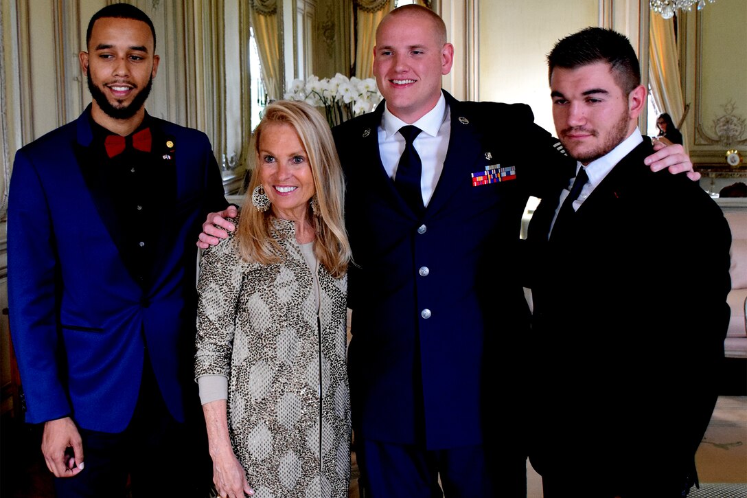 Anthony Sadler; Jane D. Hartley, U.S. Ambassador to France and Monaco; Staff Sgt. Spencer Stone and Alek Skarlatos meet inside the Ambassador’s Residence in Paris prior to the U.S. Embassy Fourth of July reception June 27, 2016.  Stone, Skarlatos and Sadler were guests of honor for the celebration.  This was the first time they returned to France since foiling the 2015 terrorist attack. (U.S. Air Force/Master Sergeant Alex Griffin/Released)