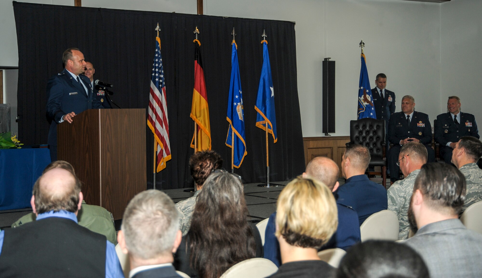 Brig. Gen. Keith Givens, commander of Air Force Office of Special Investigations, Quantico, Virginia, gives his remarks during the 5th Field Investigations Region change of command ceremony, June 29, 2016, at Ramstein Air Base, Germany. Members of the Kaiserslautern Military Community came together as Col. Shan Nuckols took command of the 5th FIR from Col James Hudson. (U.S. Air Force photo/Staff Sgt. Timothy Moore)
