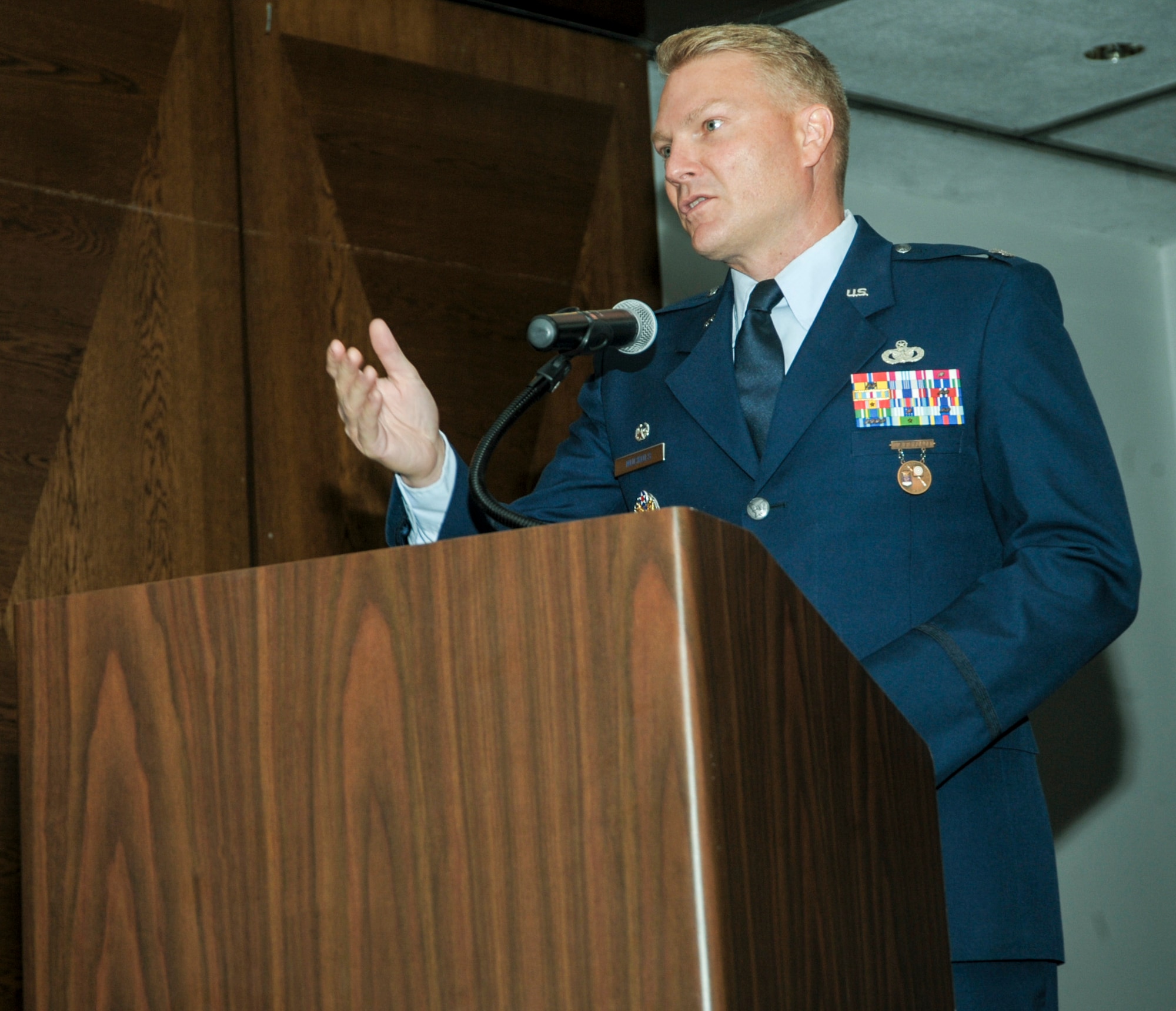 Col. Shan Nuckols gives his first remarks as commander after assuming command of the Air Force Office of Special Investigations’ 5th Field Investigations Region June 29, 2016, at Ramstein Air Base, Germany. Nuckols took over of the 5th FIR from Col. James Hudson. (U.S. Air Force photo/Staff Sgt. Timothy Moore)