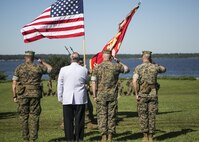 (Left to Right) U.S. Marine Corps Brig. Gen. Charles G. Chiarotti, outgoing commanding general, 2nd Marine Logistics Group, Maj. Gen. Robert C. Dickerson, retired and Lt. Gen. John E. Wissler, U.S. Marine Forces Command, commander, and Col. Daniel P. O’Hora, incoming commander, 2nd MLG, salute the colors during the 2nd MLG change of command ceremony at Camp Lejeune, N.C., June 8, 2016.  (U.S. Marine Corps photo by Lance Cpl. Samantha A. Barajas)