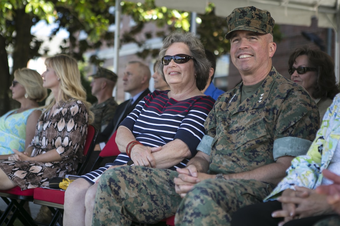 U.S. Marine Corps Lt. Gen. John E. Wissler, U.S. Marine Forces Command, commander, attends the 2nd Marine Division change of command ceremony while visiting Camp Lejeune, N.C., June 8, 2016. (U.S. Marine Corps photo by Lance Cpl. Samantha A. Barajas)