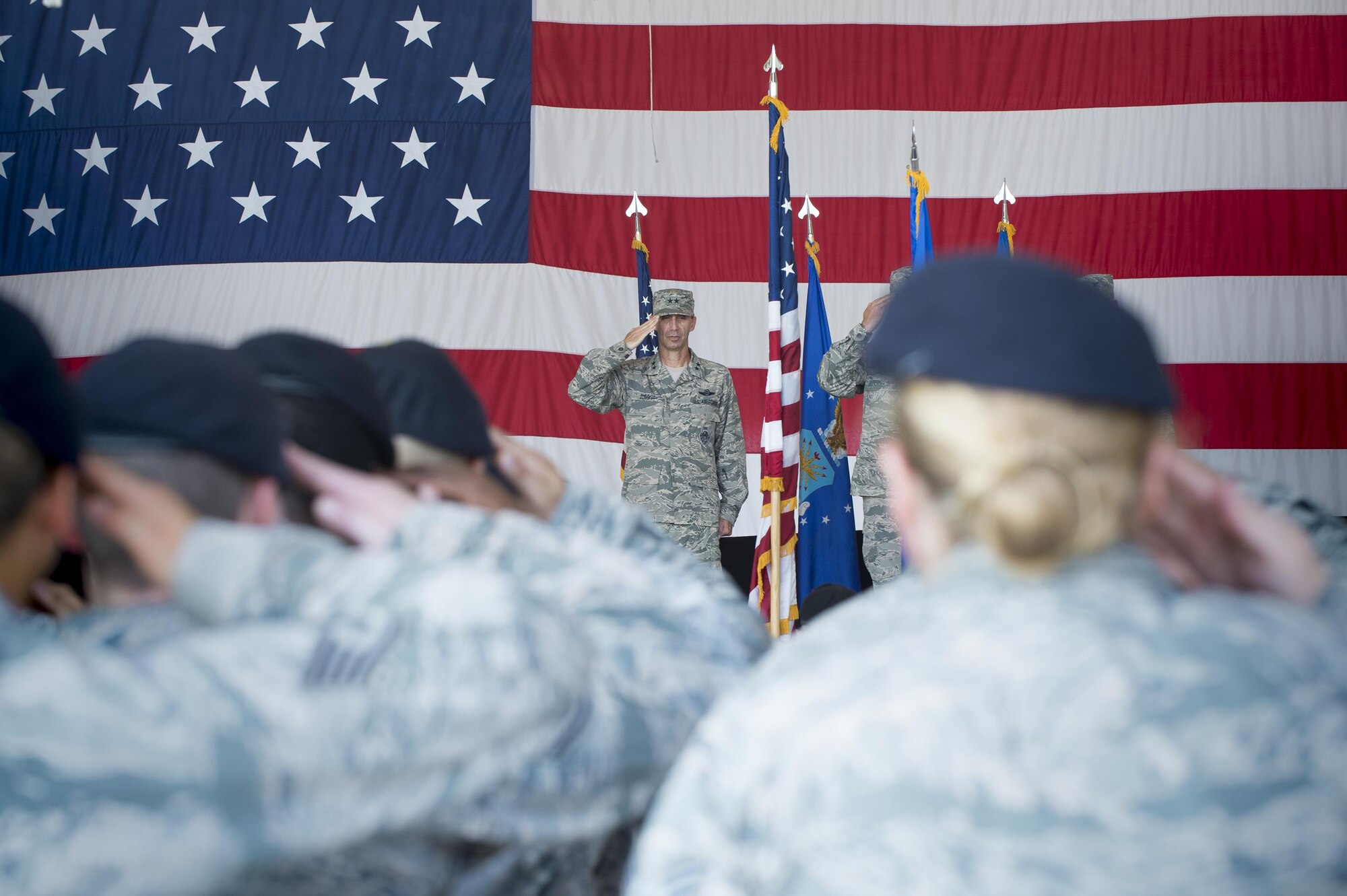 U.S. Air Force Maj. Gen. Scott Zobrist, Ninth Air Force commander, renders a salute during a change of command ceremony, June 28, 2016, at Moody Air Force Base, Ga. Zobrist presided over the ceremony and welcomed the 93d Air Ground Operations Wing’s newest commander, Col. Jeffery Valenzia. (U.S. Air Force photo by Senior Airman Ceaira Young/Released)