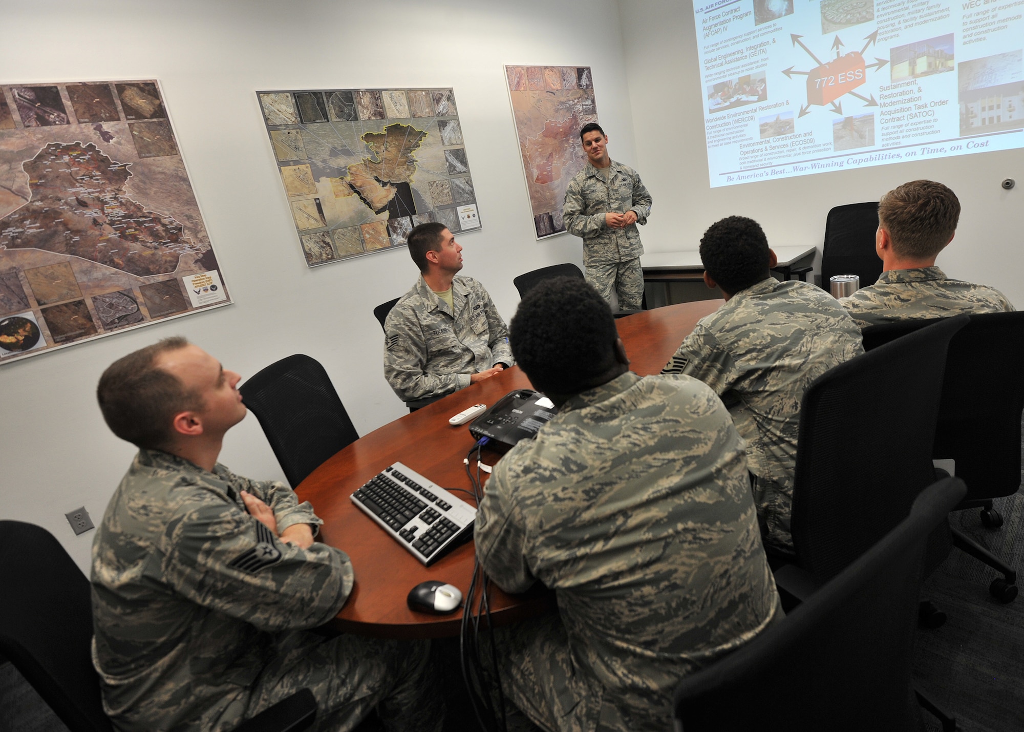 Staff Sgt. Gregory Jones, 772nd Enterprise Sourcing Squadron energy, construction and air conditioning NCO in-charge, briefs 772nd ESS Airmen on using an organization-specific flow chart at the Air Force Civil Engineer Center, June 10, 2016. The flight is tailored specifically to meet Air Force Civil Engineering Center needs by mirroring the organization’s directorates. (U.S. Air Force photo by Senior Airman Ty-Rico Lea/Released)