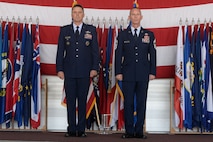 Chief Master Sgt. Geoff Weimer is retired by presiding officer Col. Jason Armagost at Minot Air Force Base, N.D., June 24, 2016. Weimer served as the command chief of the 5th Bomb Wing alongside Armagost from July 2014-June 2016. (U.S. Air Force photo/Airman 1st Class Jessica Weissman)
