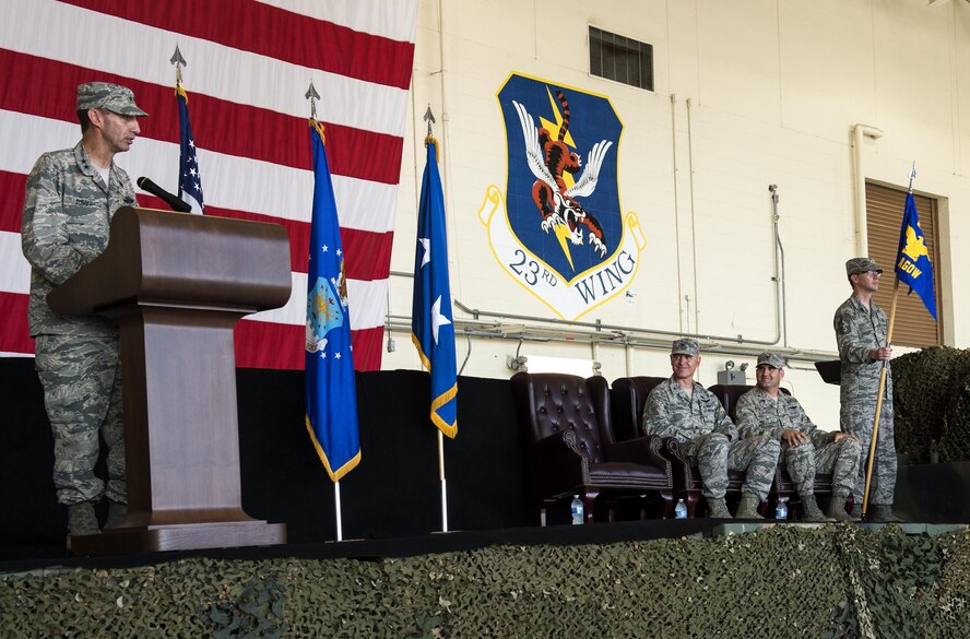 U.S. Air Force Maj. Gen. Scott Zobrist, Ninth Air Force commander, gives his remarks during the 93d Air Ground Operations Wing change of command ceremony, June 28, 2016, at Moody Air Force Base, Ga. Airmen assigned to the 93d AGOW conduct offensive and defensive ground combat operations worldwide to protect expeditionary aerospace forces with airborne capabilities.  (U.S. Air Force photo by Airman 1st Class Janiqua P. Robinson/Released)