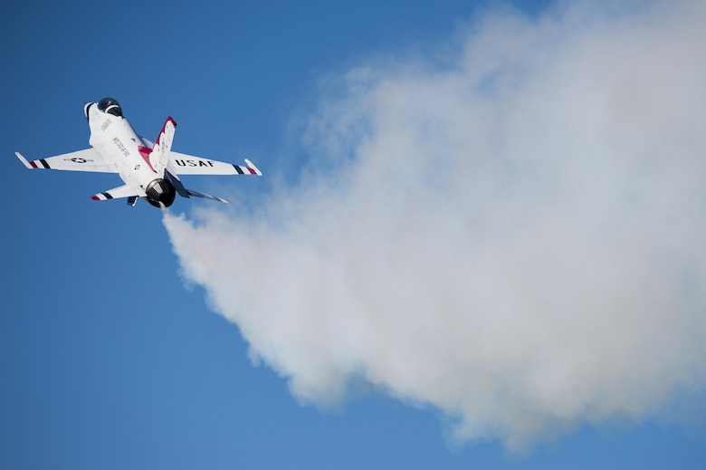 Capt. Nicholas Eberling, the Thunderbirds No. 5 pilot, performs the high alpha pass maneuver during the Warriors Over the Wasatch air show at Hill Air Force Base, Utah, June 25, 2016. The Thunderbirds demonstrate the highest level of attention to detail and professionalism that represents the teamwork, discipline and capability of those serving in the U.S. Air Force around the world. (U.S. Air Force photo/Tech. Sgt. Christopher Boitz)