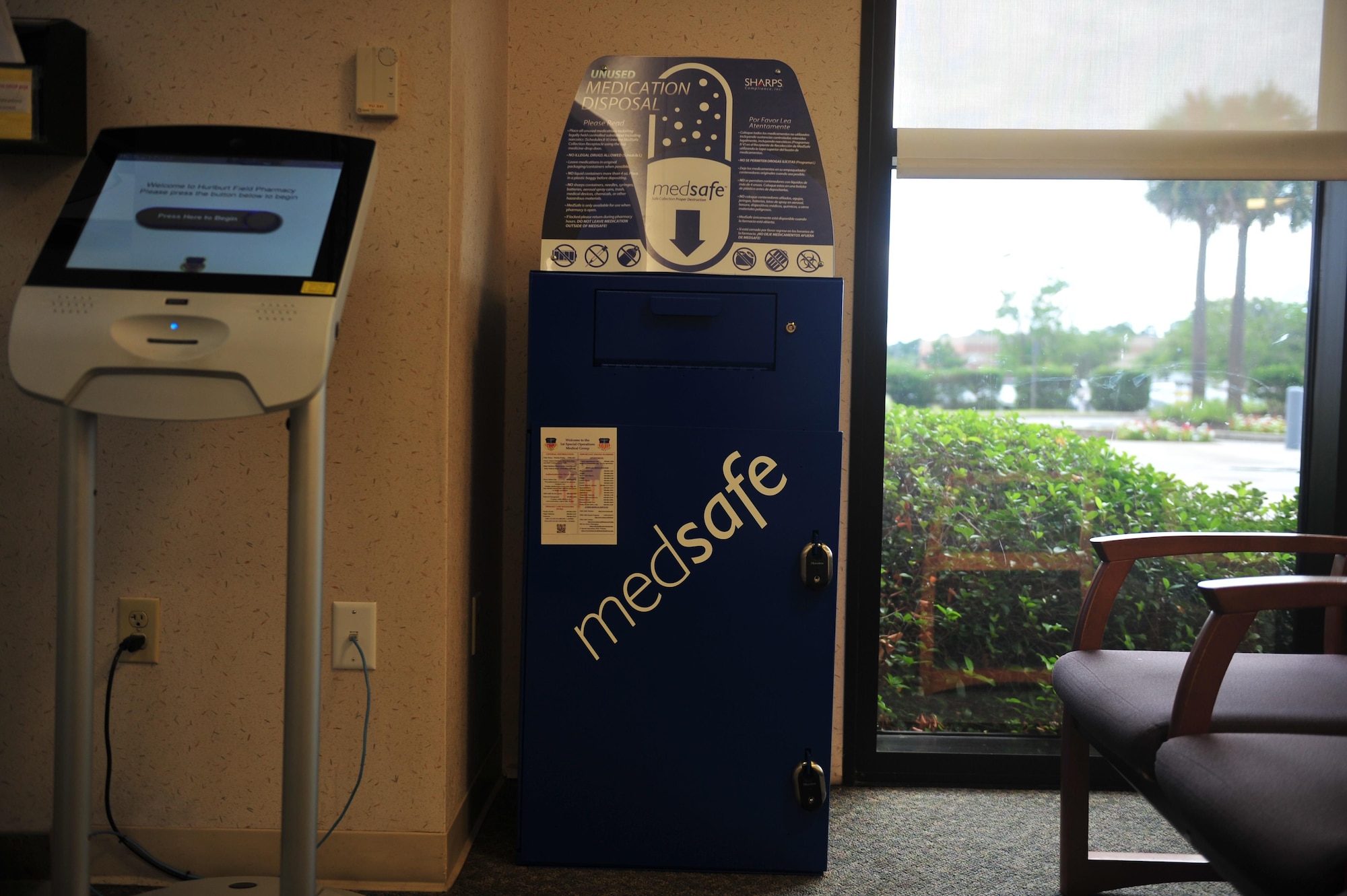 The MedSafe box located in the 1st Special Operations Medical Group pharmacy waiting area on Hurlburt Field has enabled the pharmacy to take back more medications with less hassle. Patrons can dispose of their medications during normal pharmacy business hours. (U.S. Air Force photo by Airman Dennis Spain)