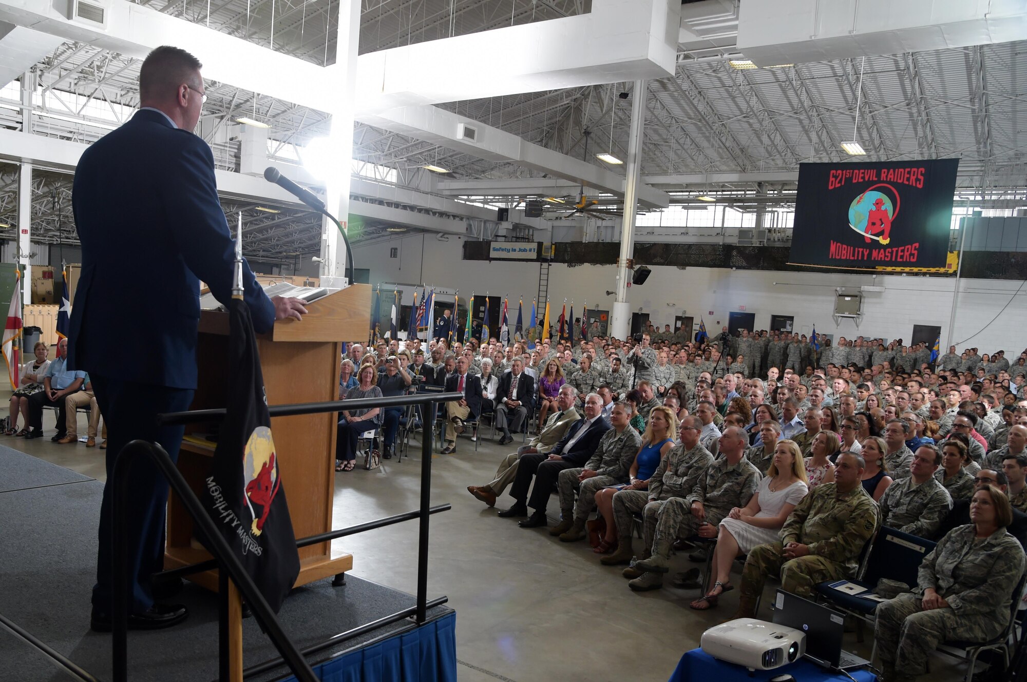 Col. James A. Copher speaks during the 621st Contingency Response Wing Change of Command Ceremony at Joint Base McGuire-Dix-Lakehurst, New Jersey, June 29, 2016. Copher led the 621st CRW for more than two years. (U.S. Air Force photo by Tech. Sgt. Gustavo Gonzalez/Released)