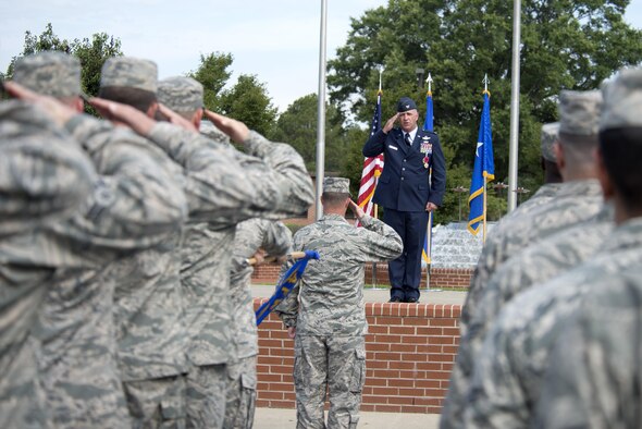 Col. Mark Slocum, outgoing 4th Fighter Wing commander, renders his final salute to Airmen of the 4th Fighter Wing during a change of command ceremony, June 30, 2016, at Seymour Johnson Air Force Base, North Carolina. Slocum relinquished command to Col. Christopher Sage, who has served at Seymour Johnson AFB on two previous assignments. (U.S. Air Force photo/Tech. Sgt. Chuck Broadway)