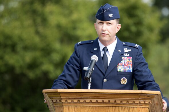 Col. Christopher Sage, 4th Fighter Wing commander, speaks to Airmen after assuming command of the 4th Fighter Wing, June 30, 2014, at Seymour Johnson Air Force Base, North Carolina. Sage has supported Operations NORTHERN WATCH, DELIBERATE FORGE, ALLIED FORCE, ENDURING FREEDOM and IRAQI FREEDOM and has logged more than 4,100 flight hours during his 22-year career. (U.S. Air Force photo/Tech. Sgt. Chuck Broadway)