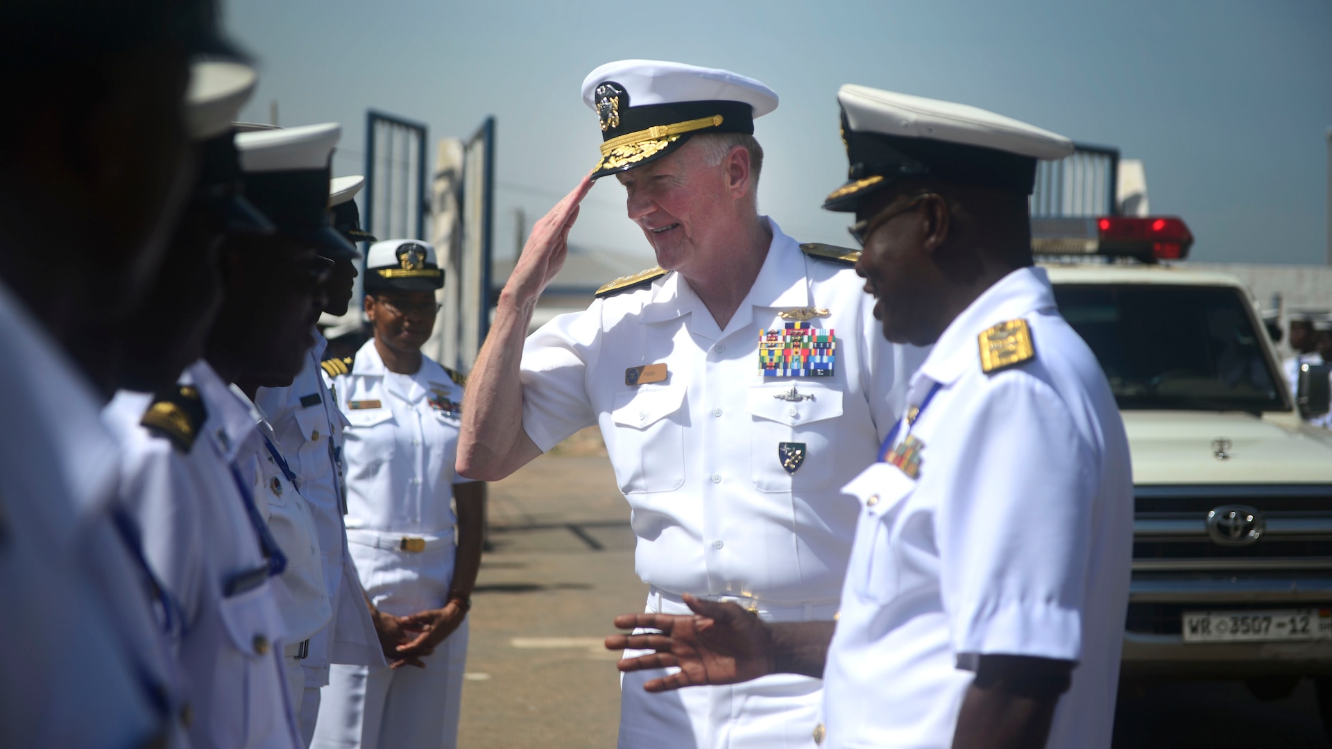 Commander, U.S. 6th Fleet VADM James Foggo inspects Ghanaian sailors in Tema as part of the Obangame Express multinational maritime exercise, sponsored by U.S. Africa Command.