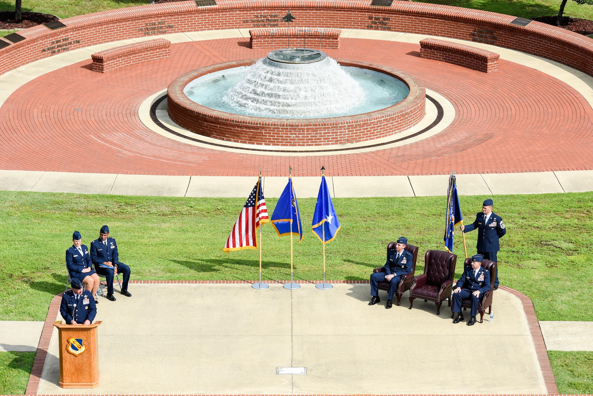 Col. Mark Slocum, outgoing 4th Fighter Wing commander, speaks to Airmen during the 4th Fighter Wing change of command ceremony, June 30, 2016, at Seymour Johnson Air Force Base, North Carolina. Slocum relinquished command to Col. Christopher Sage, who has served at Seymour Johnson AFB on two previous assignments. (U.S. Air Force photo by Airman Shawna L. Keyes/Released)