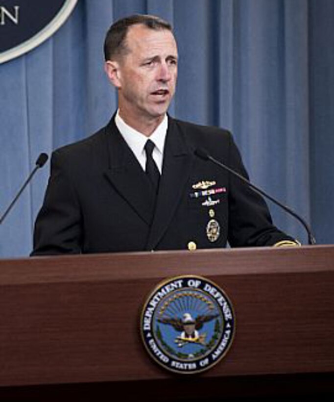 Chief of Naval Operations Adm. John Richardson discusses the results of an investigation into the seizure of two U.S. Navy riverine command boats by Iranian forces and the subsequent detention of 10 Sailors in 2016. Navy photo by MC1 Nathan Laird