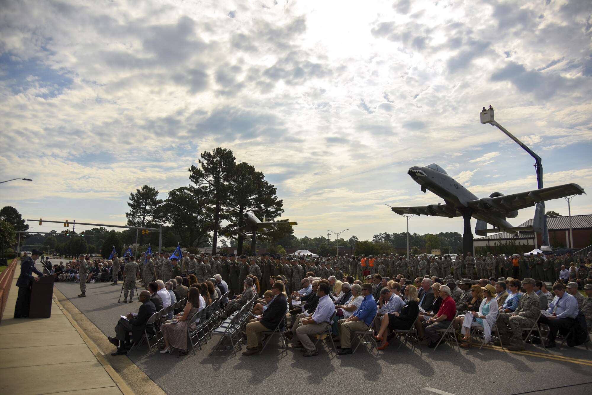 The 4th Fighter Wing change of command ceremony begins, June 30, 2016, at Seymour Johnson Air Force Base, North Carolina. During the ceremony, Col. Mark Slocum, outgoing 4th FW commander, relinquished command to Col. Christopher Sage. (U.S. Air Force photo by Senior Airman Brittain Crolley)